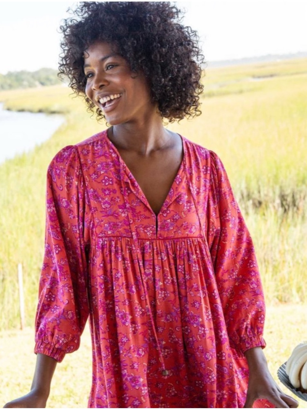 🌺 Boho Flowy NATURAL LIFE Coral Floral Mini Tunic/Dress 3/4 Sleeve Tie-Neck - S